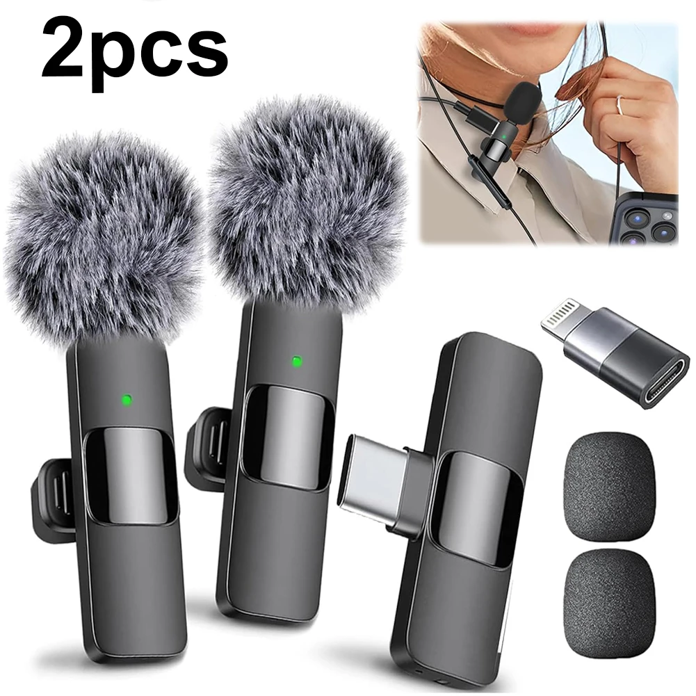 Micrófono Lavalier inalámbrico 2 en 1, micrófono de grabación de vídeo con carga tipo C, Mini micrófono con cancelación de ruido para iPhone, Android en vivo