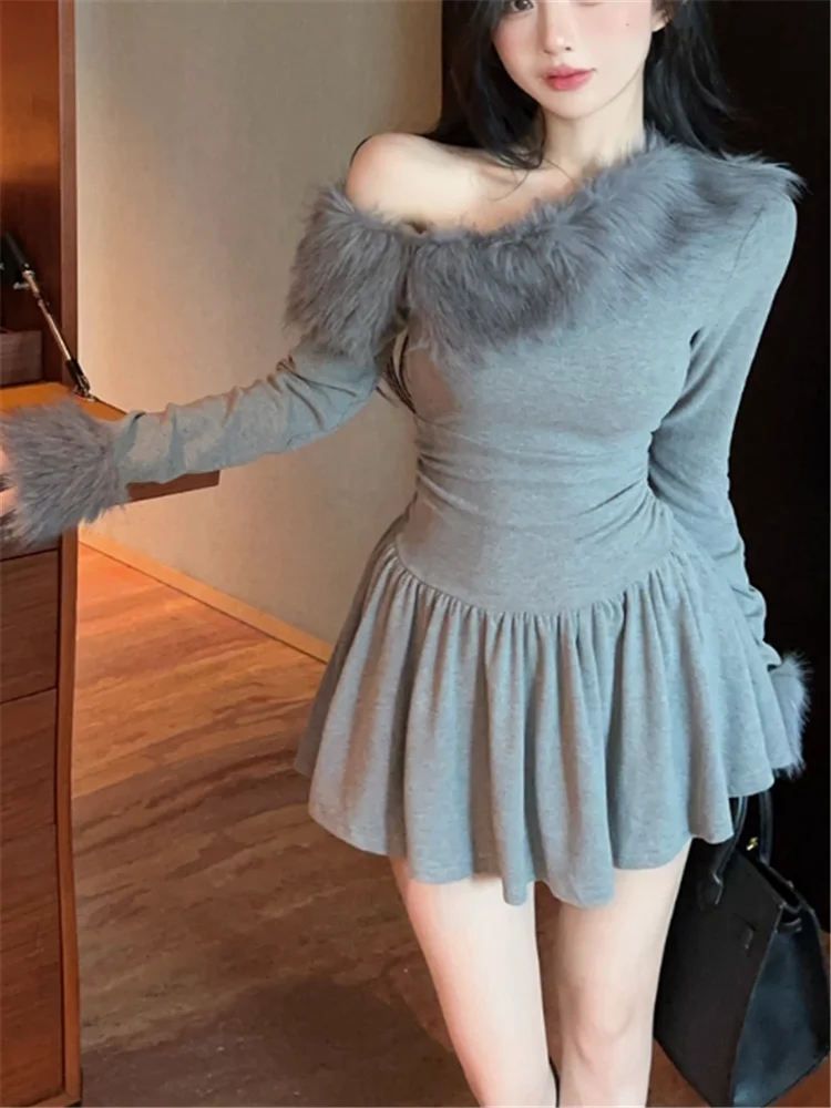

Сексуальное мини-платье с открытыми плечами и съемным меховым воротником в стиле ретро, новое осенне-зимнее черное, серое, с длинным рукавом, облегающее короткое платье для девочек