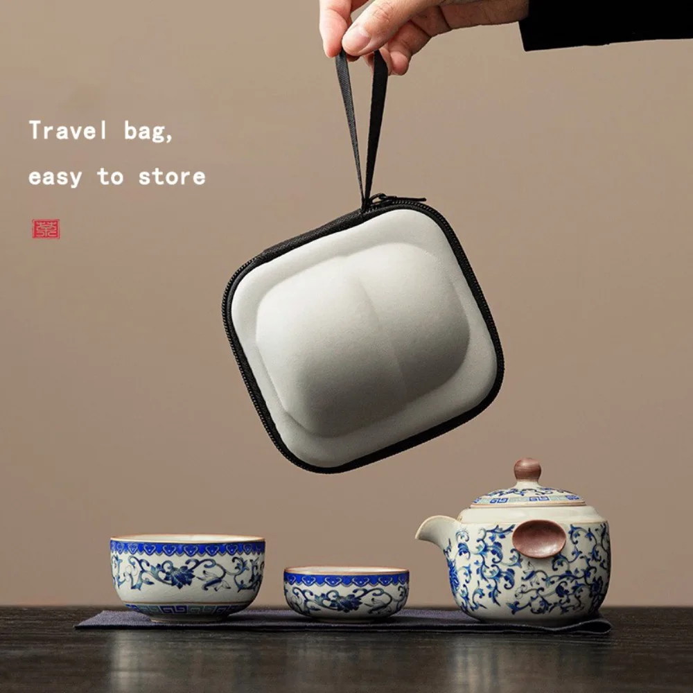 Blue and White Ru Kiln Travel Tea Set Quick Cup Portable Tea Set Kung Fu Tea Set Storage Bag Camping Outdoor Office Drink Pot