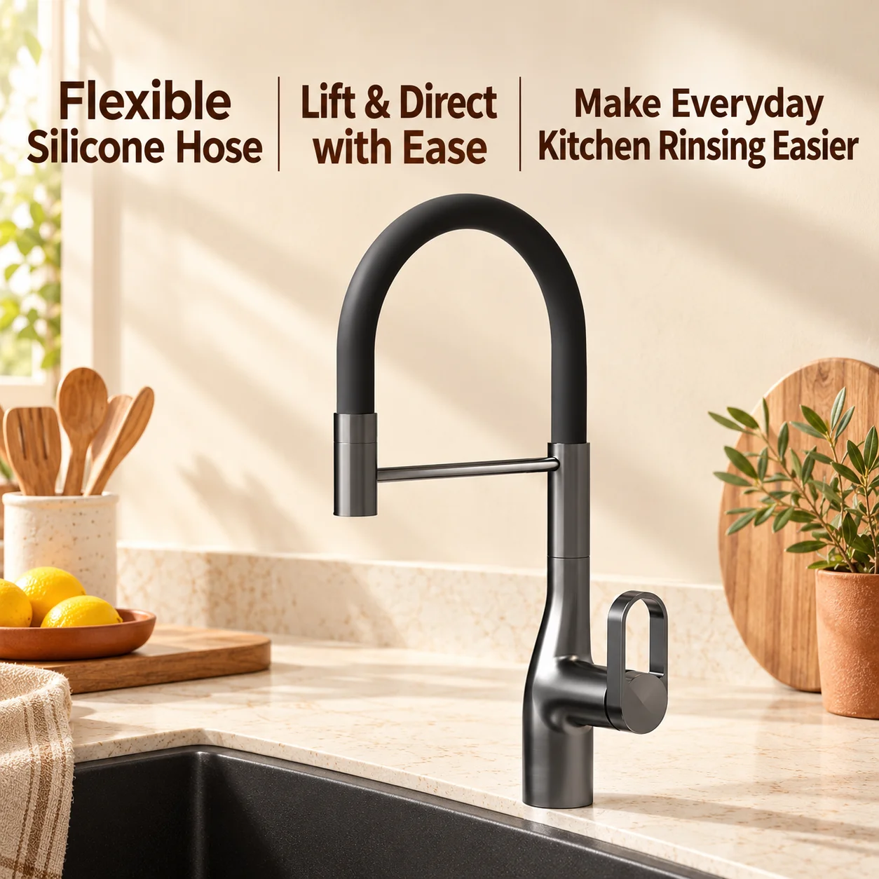 Gun Gray Brass Kitchen Faucet Hidden Flip Sprayer Flexible Extendable Silicone Hose 360° Swivel Hot Cold Mixer Tap for Kitchen