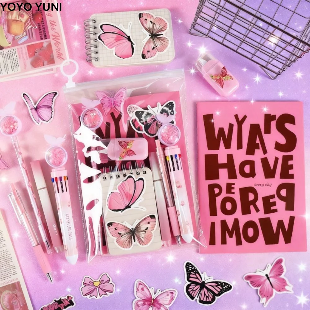 

9 in 1 Butterfly Stationery Set INS Pencils Erasers Study Stationery Gifts Highlighter Pen Ballpoint Pen Student Stationery Set
