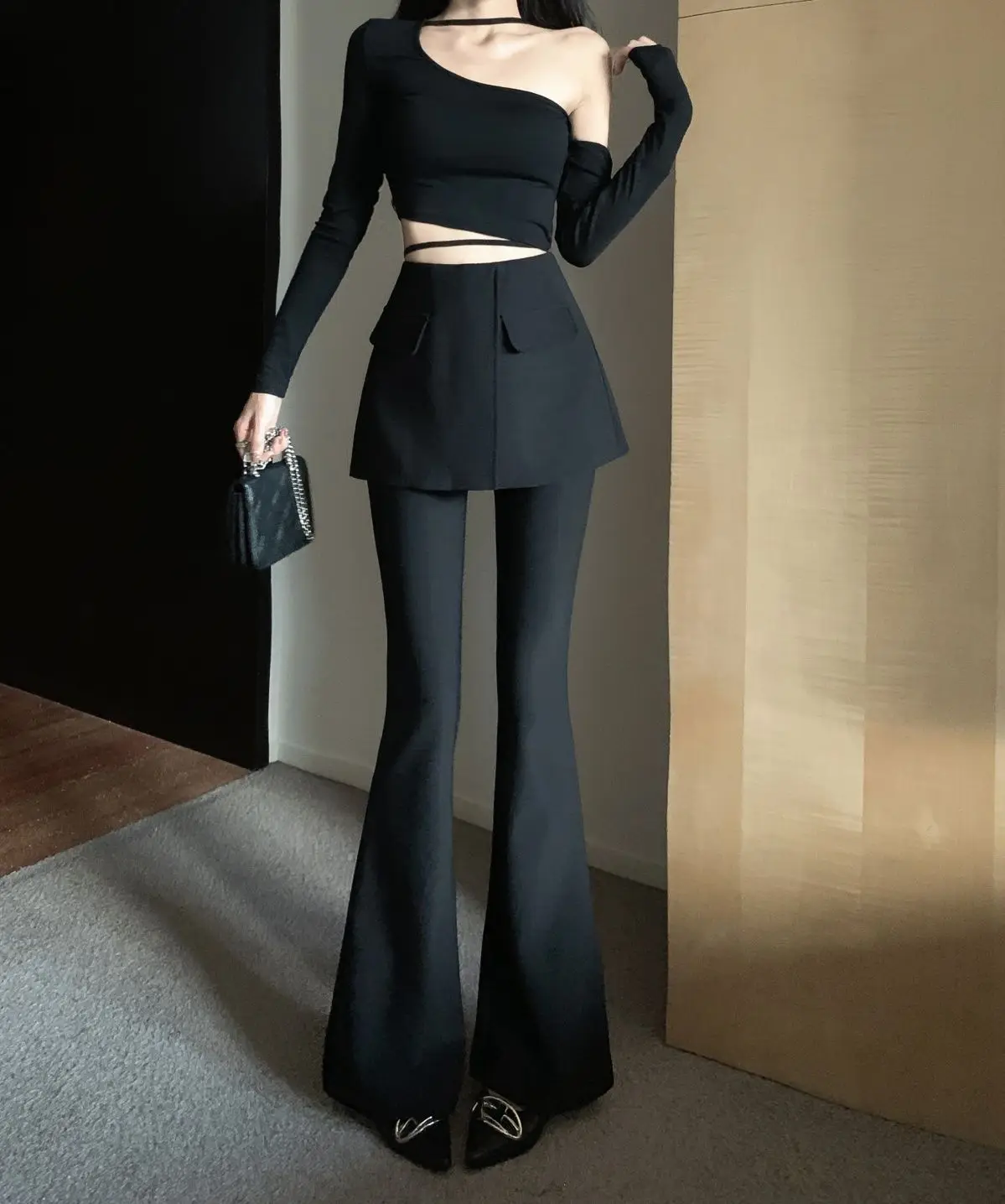 Flare Pants High Quality Two Fake Piece High Waist  Slim Black Streetwear Female Fashion Long Trouser Chic 2024 Women Pants