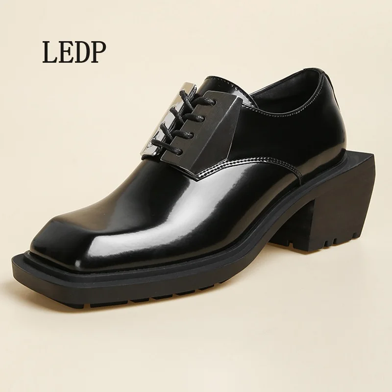 LEDP Brand Men British Derby Shoes 2024 New Trend Design Sense Metal Decorative Square Head Small Leather Shoes High Quality