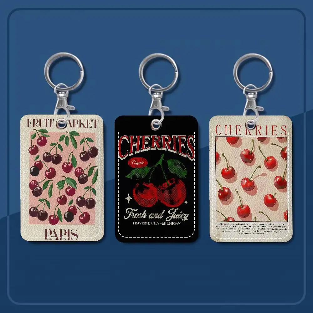 Cherry Simple Retro Classic Style Bank Card,Subway, Bus Card Holder Keychain Key Ring Door Access Tags ID Card Case Keychain