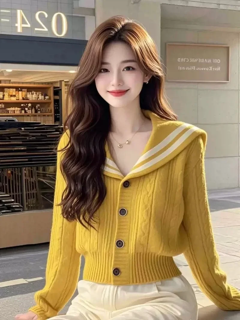 Winter New Women Inspired Yellow Navy Blue Crew Neck Knit Sweater Coat Fashion Unique Top Solid Color Button Slim Cardigan 2024