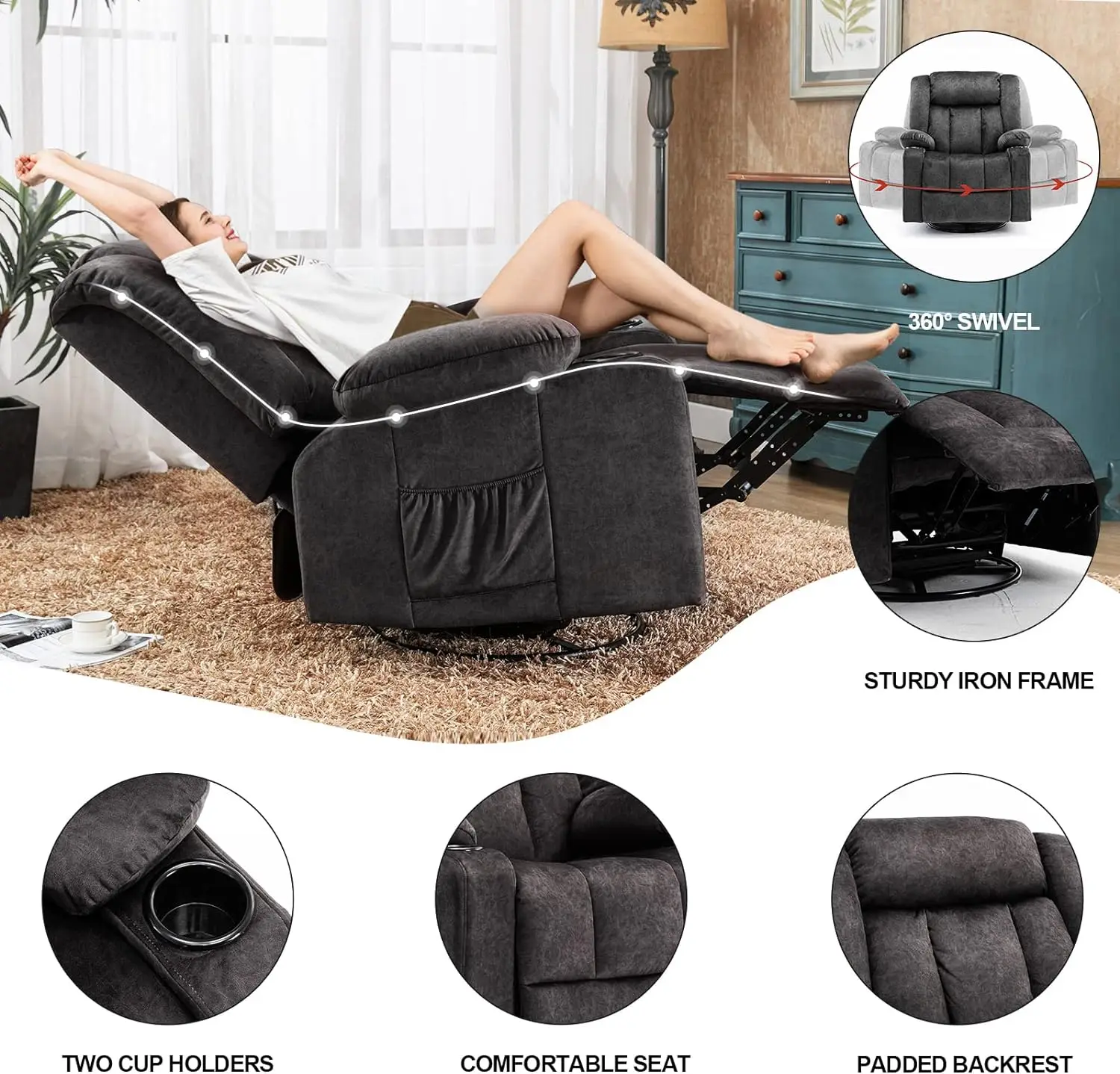 COMHOMA-Cadeira reclinável aquecida para Lazy Boy, Massage Rocker, Giratória de 360 graus, Sofá único com porta-copos