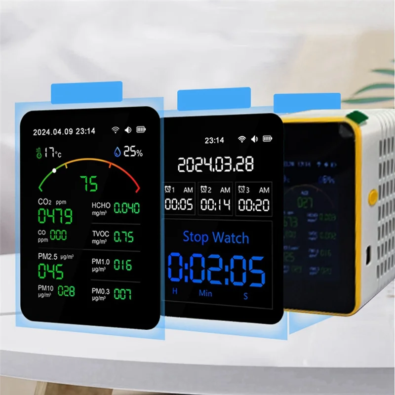 【Pastel caliente】Tuya Wifi 15 en 1 Detector de calidad del aire portátil para el hogar PM0.3 PM1.0 PM2.5 PM10 CO CO2 TVOC HCHO reloj probador