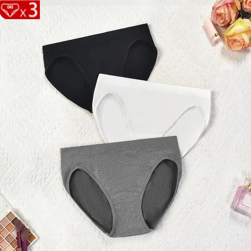 

3 шт., женские трусики со средней посадкой, однотонные хлопковые дышащие женские трусы, бесшовные женские трусы, мягкие трусы