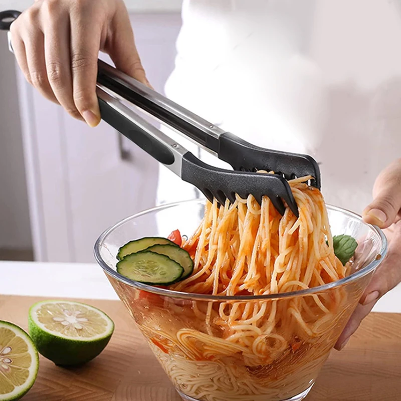 Pinzas para fideos de acero inoxidable, mango antideslizante, resistente al calor, fáciles de almacenar, pinzas multifuncionales para alimentos, 1 Uds.