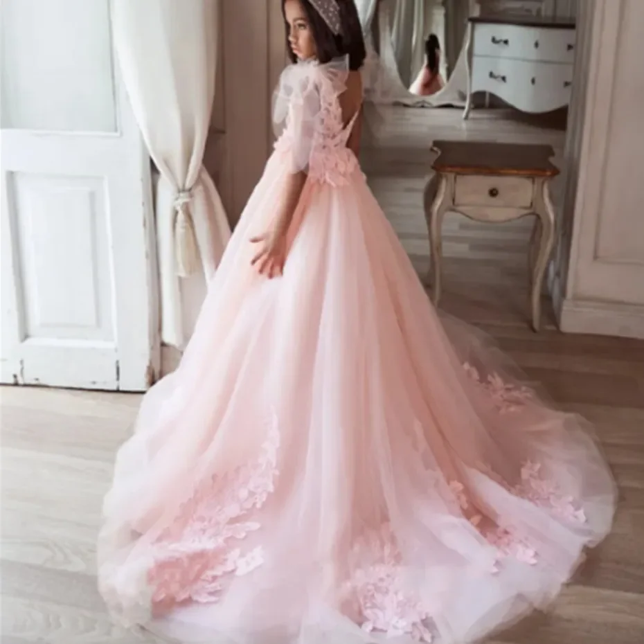 

Lovely Flower Girl Dress Luxury Tulle Appliques Baptism Princess Baby Girl Birthday Party First Communion Wedding Gown