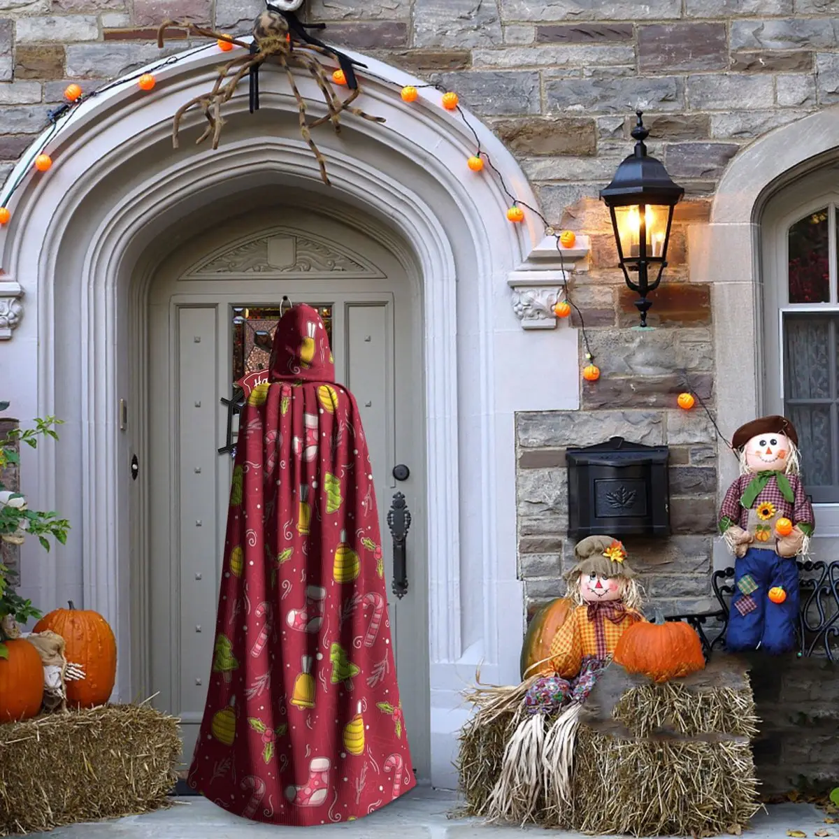 クリスマスの日 クリスマス キャンディケイン ロングフード付きマント 魔女 中世コスチューム コスプレケープ ハロウィンコート 大人用 ユニセックス