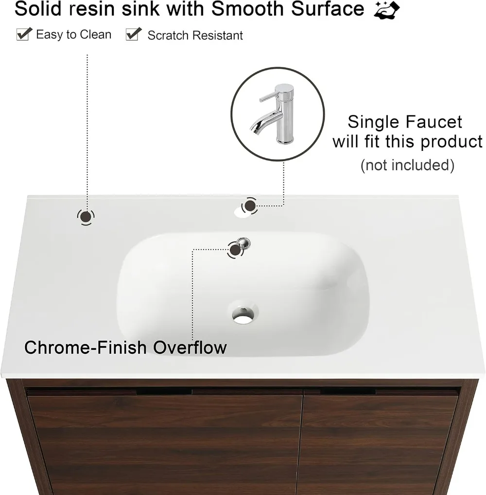 Vanity kamar mandi dengan wastafel, 36 inci wastafel tunggal dipasang di dinding wastafel, dengan 1 pintu dan 1 Laci, wastafel