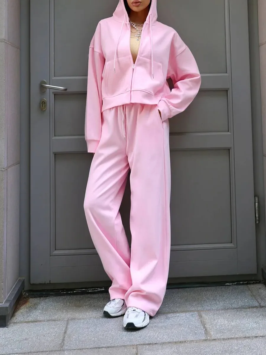 

2025 Y2K Sportswear Women's Solid Color Long Sleeve Zippered Cardigan Hooded Sweatshirt Lace-up Trousers Two-piece Set