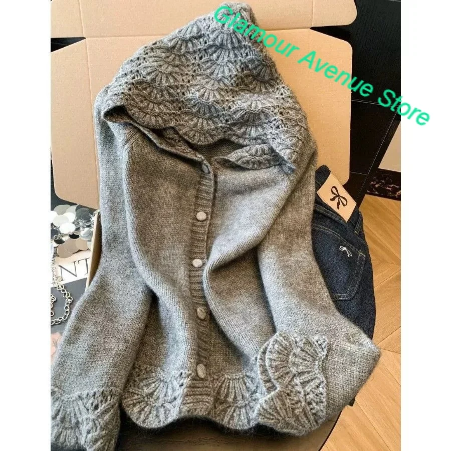 Korean unique chic grey hollow hooded sweater coat women's autumn and winter new sweet and lovely soft cardigan knit top.