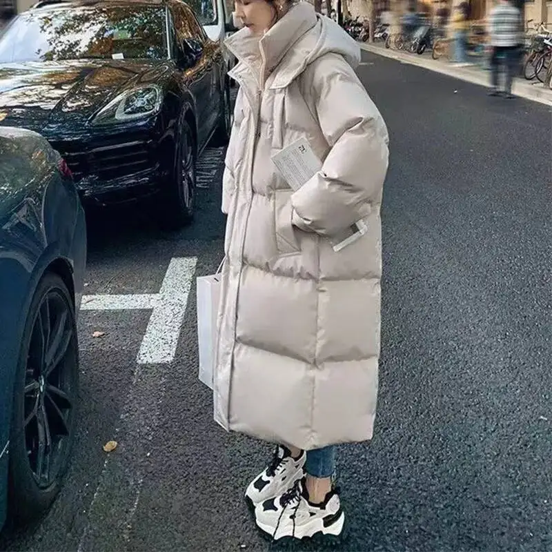 Winter Women Streetwear Thermal Solid Coat New Midi Parkas Loose Hoodies Long Sleeve Oversize Young Style All-Match Down Jacket