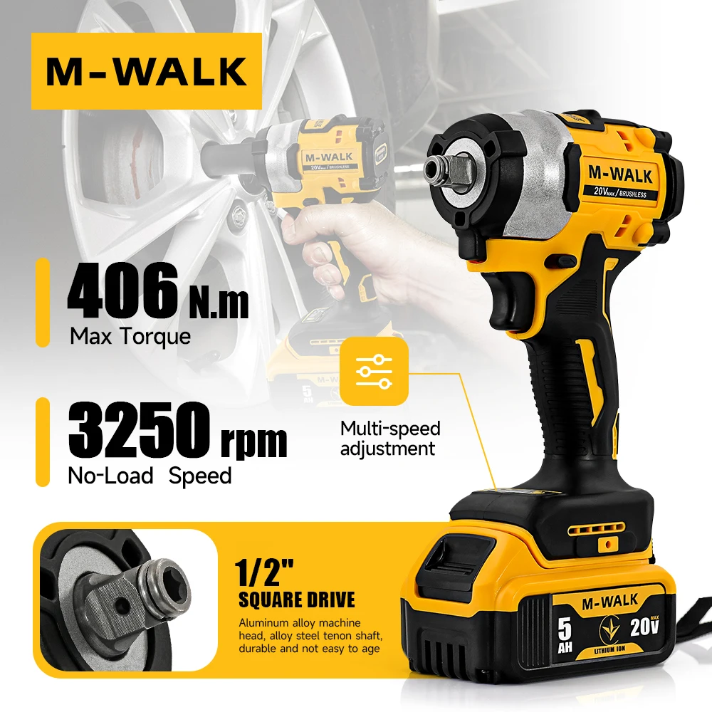 M-WALK DCF922 Brushless Cordless Electric Impact Wrench 1/2 Key Impact Battery Screwdriver Power Tool For18/20V Battery