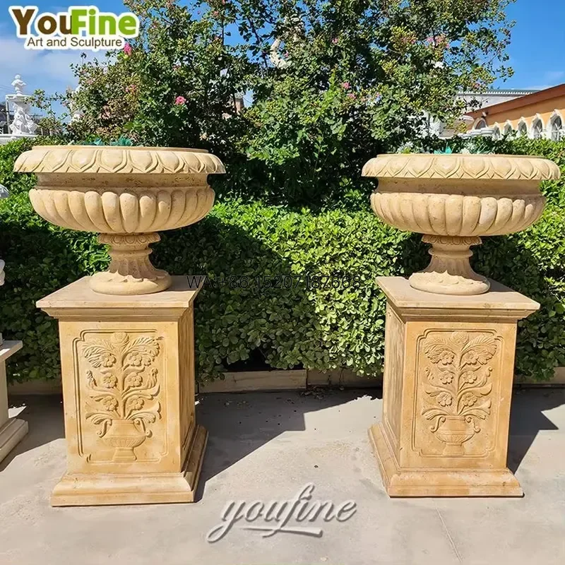 Wmwmnu Large Outdoor Garden Decor Hand Carved Natural Marble Planter for Home Patio Yard Flower Pot Vase Decoration