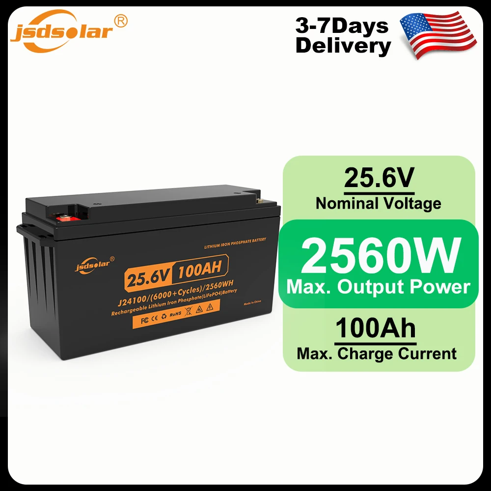 Jsdsolar 25.6V LiFePO4 Lithium Battery 100Ah BMS Metal Case Low-Tem Protection Max. 2560W Prismatic LiFeP04 Battery for Off-Grid IP65 Waterproof Rechargeable 6000+Cycles Life