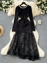 French Vintage Black Party Dress Women Diamond Studded Round Neck Long Sleeve Patchwork Sequined Mesh Irregular Dresses Vestidos