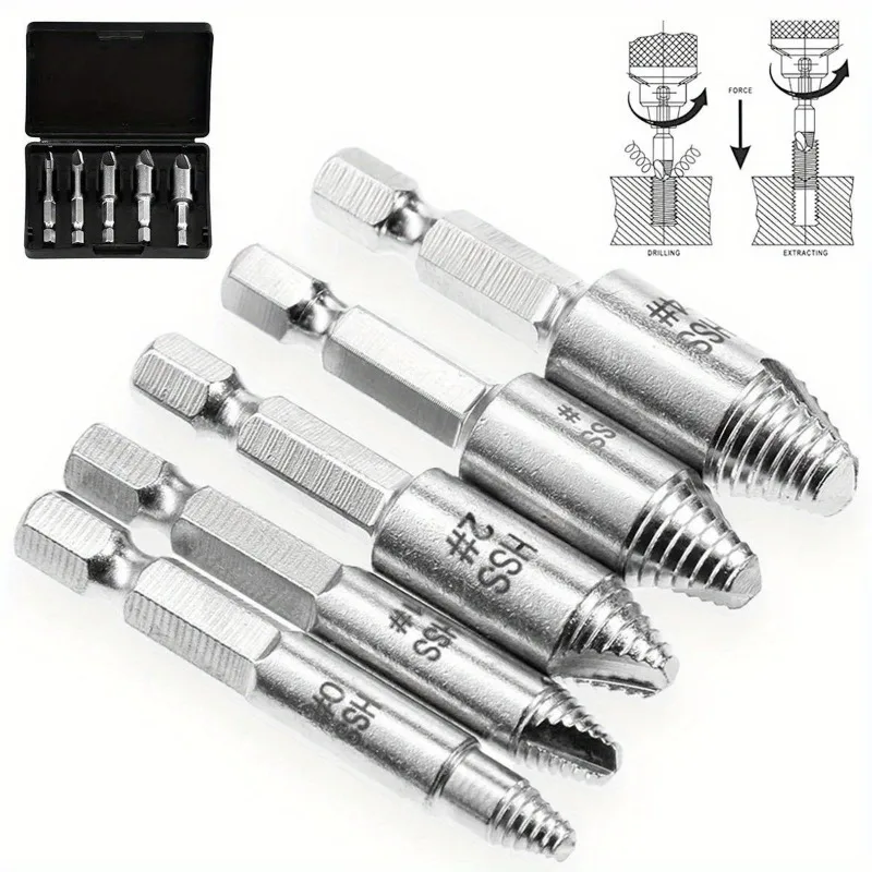 5Pcs Damaged Screw Extractor Set - High-Speed Steel, Manual Metal Bolt Remover for Stripped Screws and Bolts