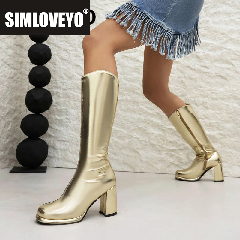 

SIMLOVEYO Брендовые женские длинные сапоги с круглым носком на блочном каблуке 5 см на молнии, большой размер 47 48, модные вечерние женские зимние ботильоны до колена