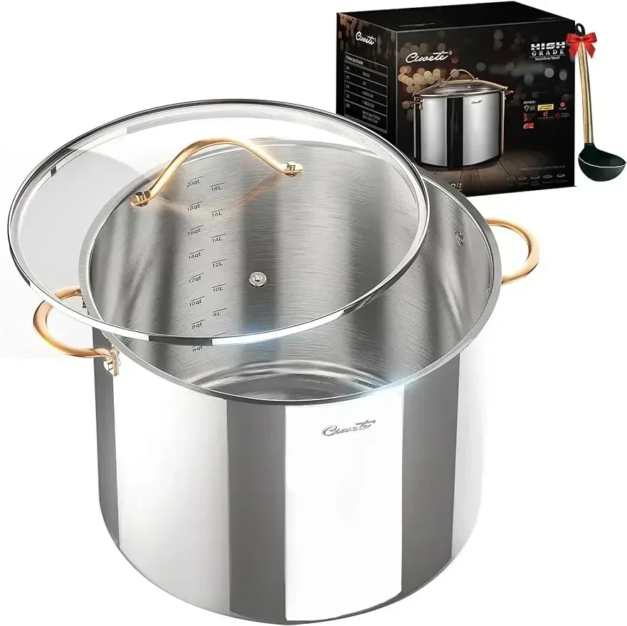 20 QT Stock Pot, 3 Ply Stainless Steel Stock Pot with Lid, 20 Quart Soup Pot with Copper Handle, Healthy Stockpots, Induction