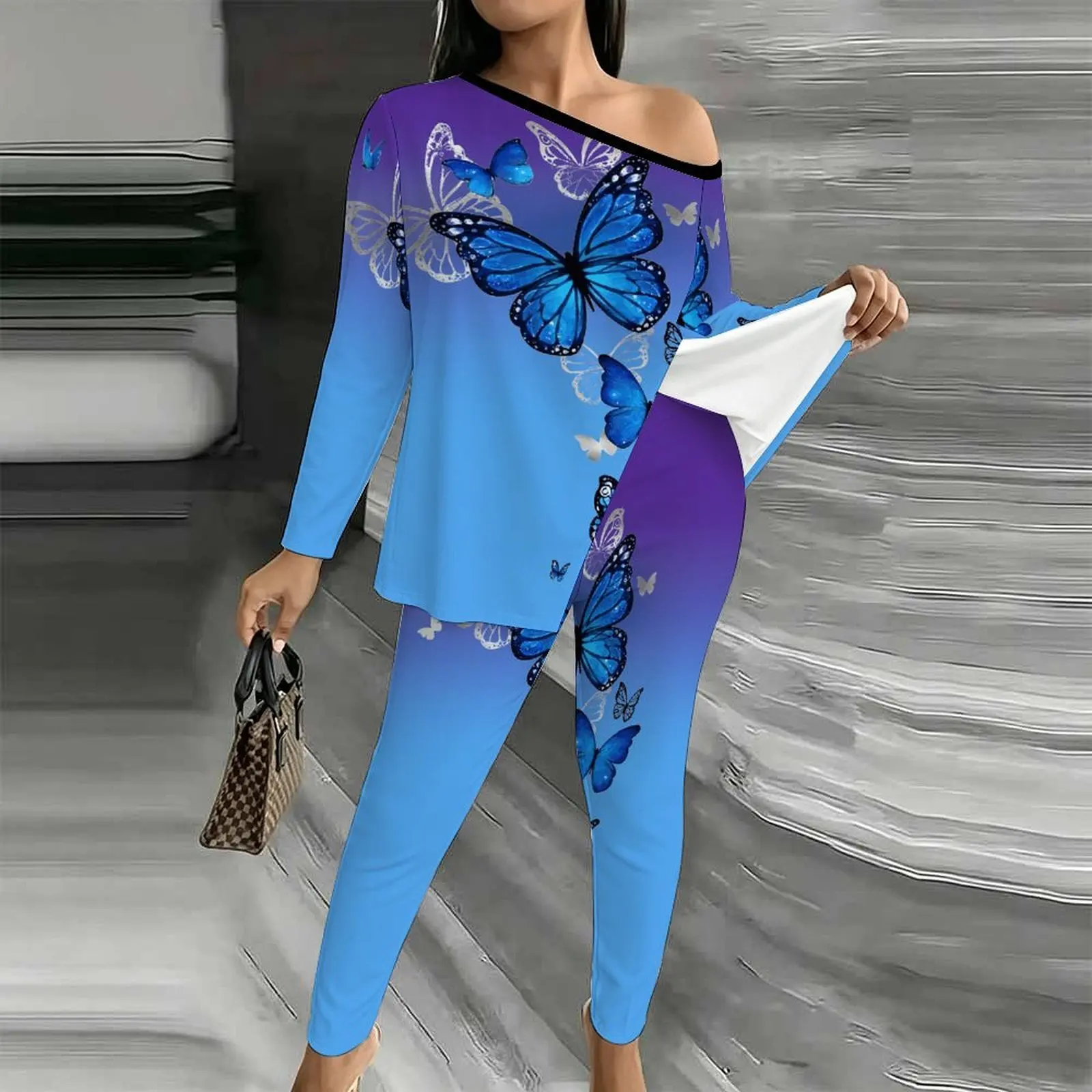 Women's Fashion Printed Jogging Pants Autumn Off Shoulder T-shirt Winter Diagonal Collar Long Sleeved Elegant Two-piece Set