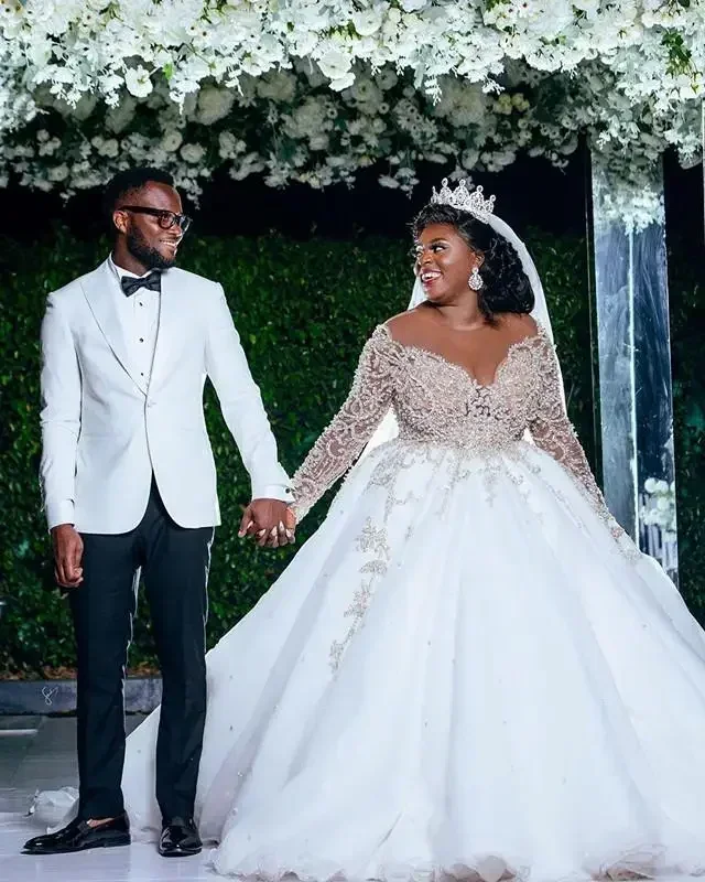 تخصيص جنوب أفريقيا مطرز كريستال حورية البحر عارية الذراعين فستان الزفاف الوهم كم طويل الكنيسة حديقة ثوب الزفاف