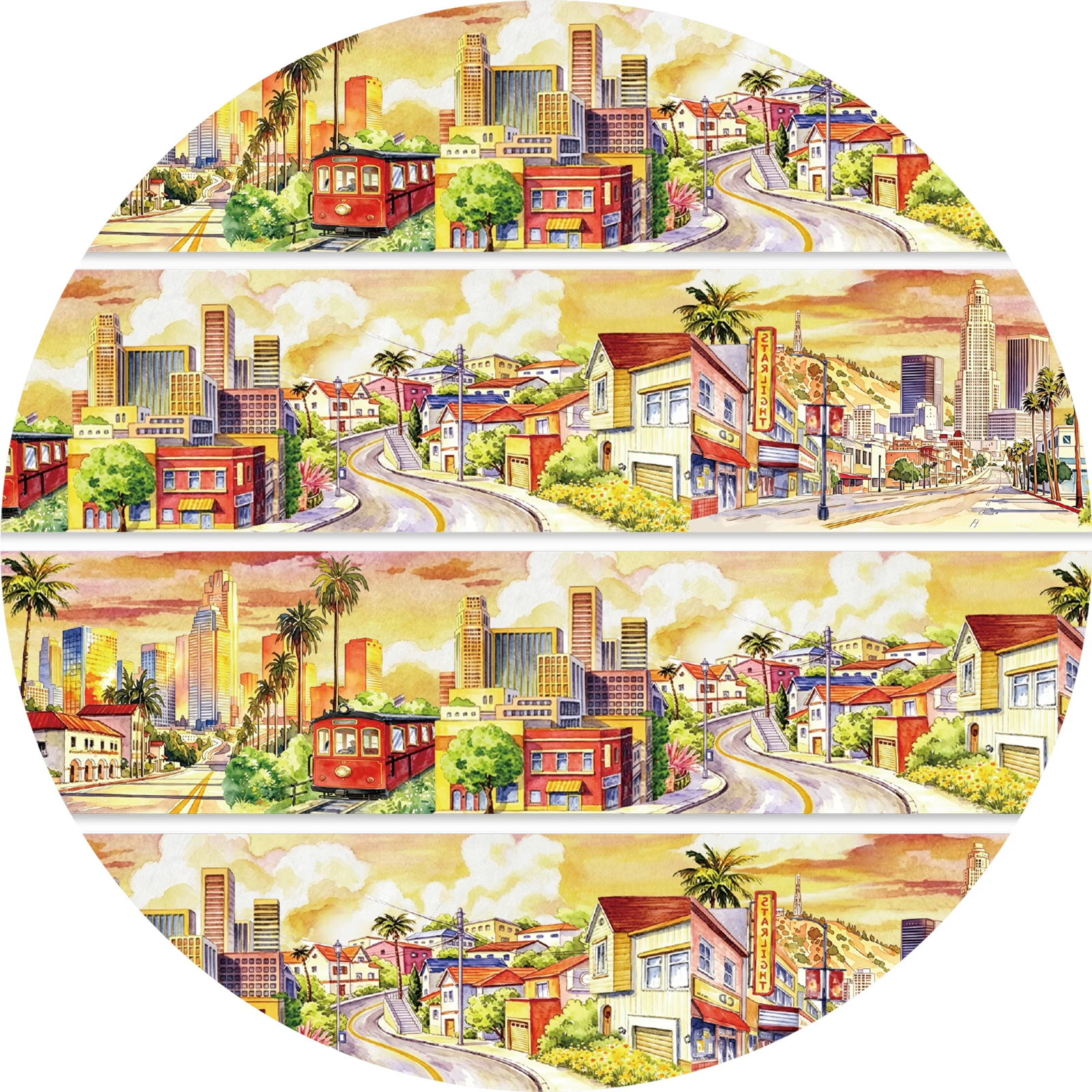Etori Life 60mm*2m Sunset Town Decorative Washi Tape with painted cable cars, buildings, palm trees, and American street scenes is suitable for student gift bags, DIY scrapbooking, laptop and phone backs, handbags, diaries, postcards and envelopes, scrapbooking supplies, office decoration items, Korean stationery, artistic aesthetics, and children's stickers