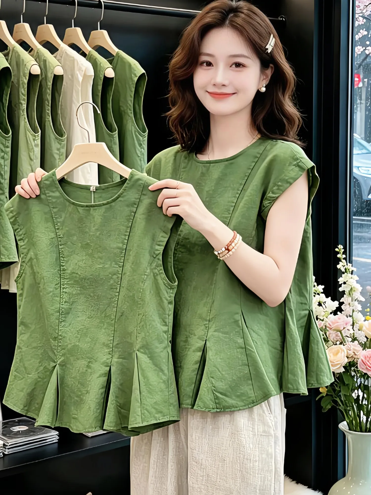 

Elegant Women's Sleeveless Shirt with Lace Trim Cover Belly Slimming Versatile Top French Style Loose Fit Summer New Arrival