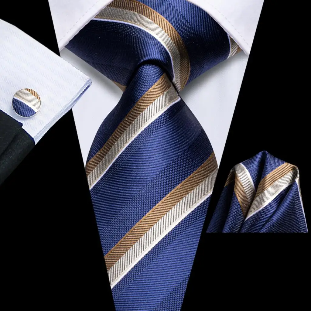 

2023 New Navy Blue Brown Striped Hi-Tie Designer Gift Tie for Men Fashion Brand Wedding Party Necktie Handky Cufflinks Dropship