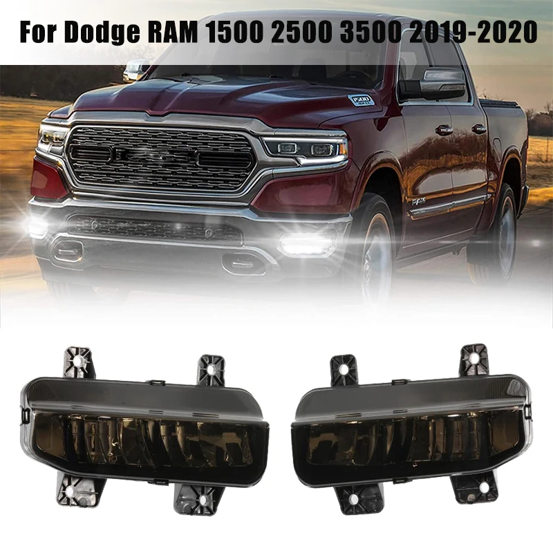 Left+Right Car LED Fog Lights For Dodge Ram 1500 2500 3500 2019 2020 2021 Front Lower Bumper Driving Light Lamps Smoke Lens