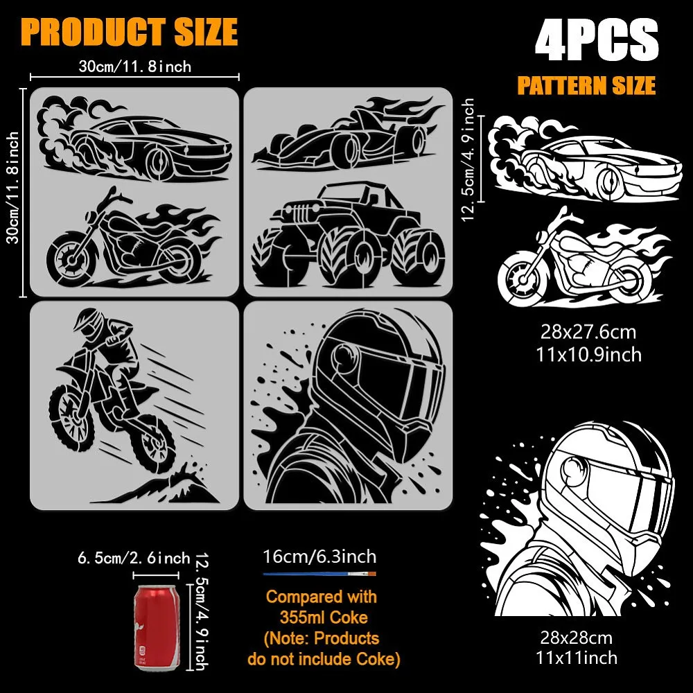 4Pcs Motorcycles Painting Stencil with Paintbrush 11.8x11.8inch Motorcycle Car Racing Stencil Plastic Flame Racing Drawing