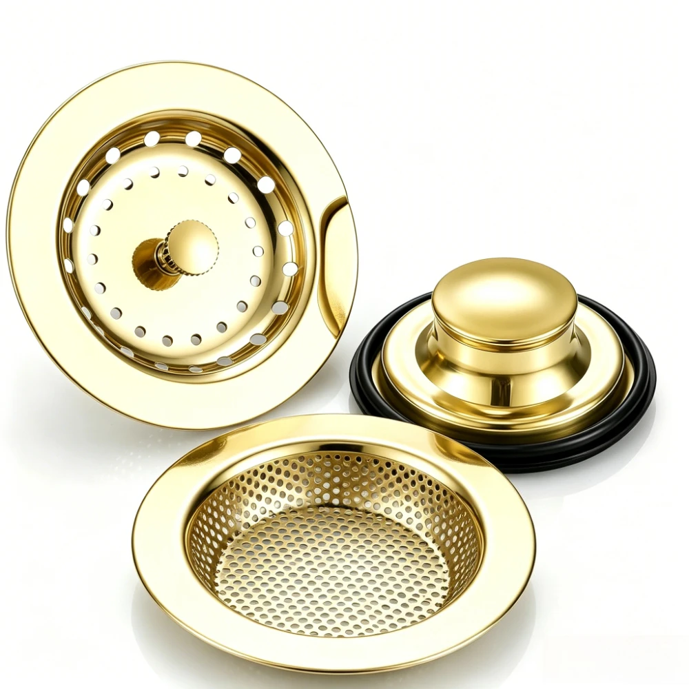 3 Pack Gold Stainless Steel Kitchen Sink Drain Strainer and Stopper, Anti-Clogging Filter Basket for Garbage Disposal and Sink Drains