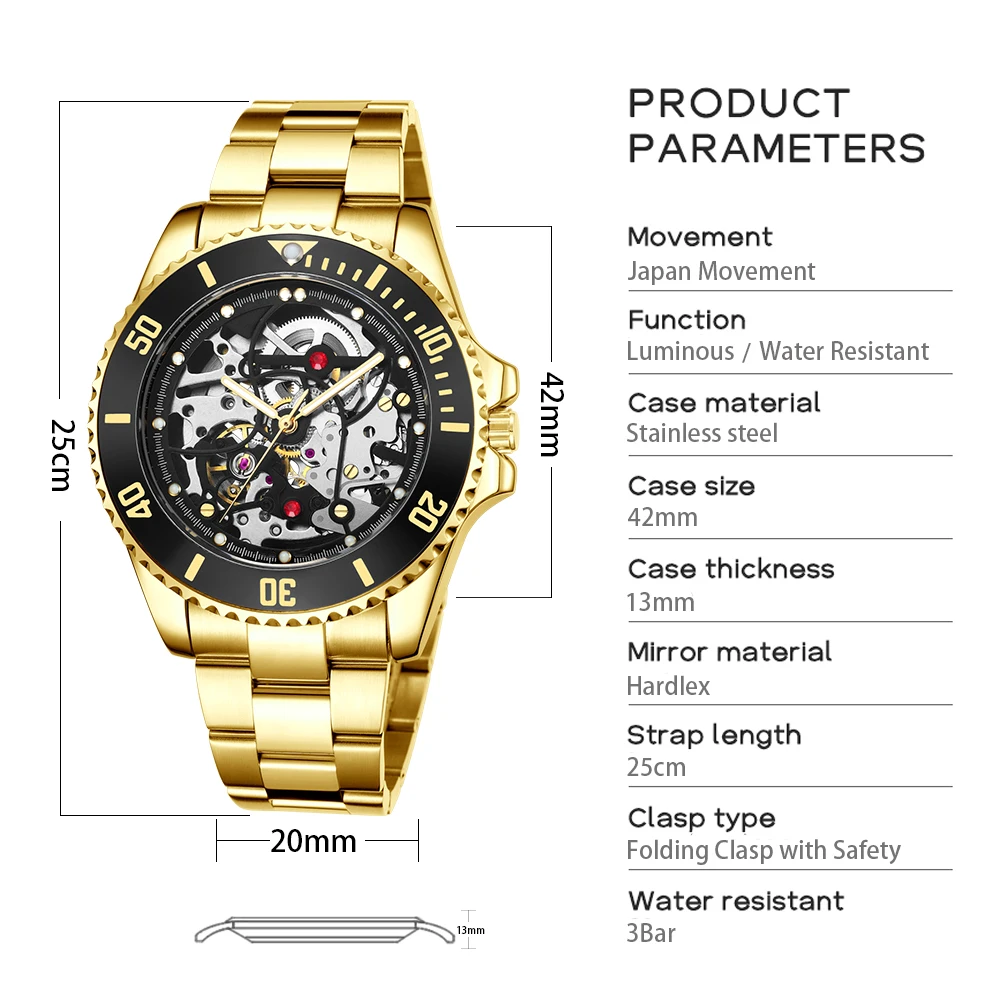 Powerful Automatic Men Watch Stainless Steel Waterproof Male Wristwatch With Automatic Winding Business  Mechanical Watches Gift