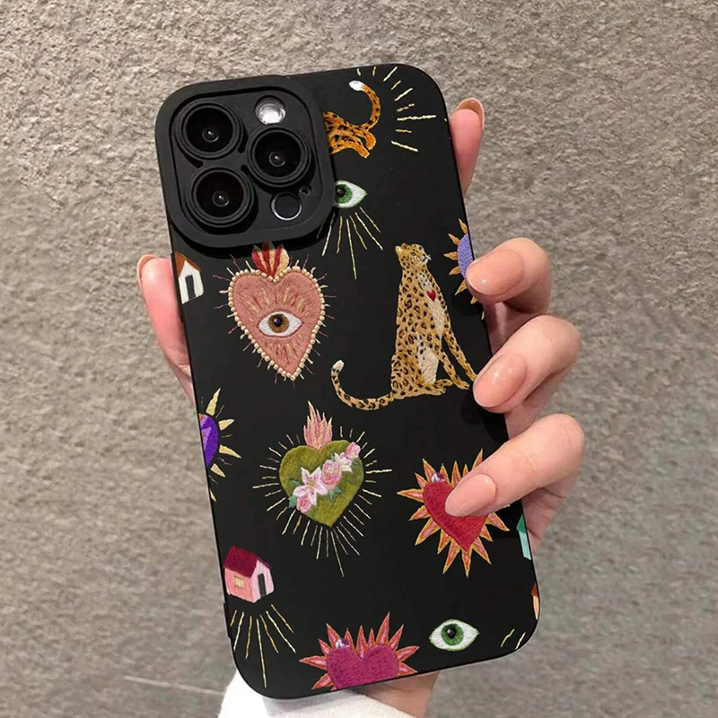 

Leopard Eyes Ruby Love Heart Phone Case For iPhone 16 Pro Max XS XR X 7 8 Plus 16e 11 13 15 14 12 SE 2022 Shockproof Soft Cover