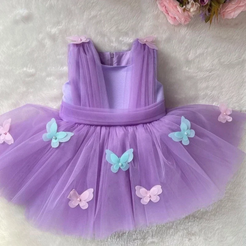 Vestidos de niña de flores personalizados, tul morado, mariposa colorida con lazo para boda, fiesta, cumpleaños, vestidos de comunión