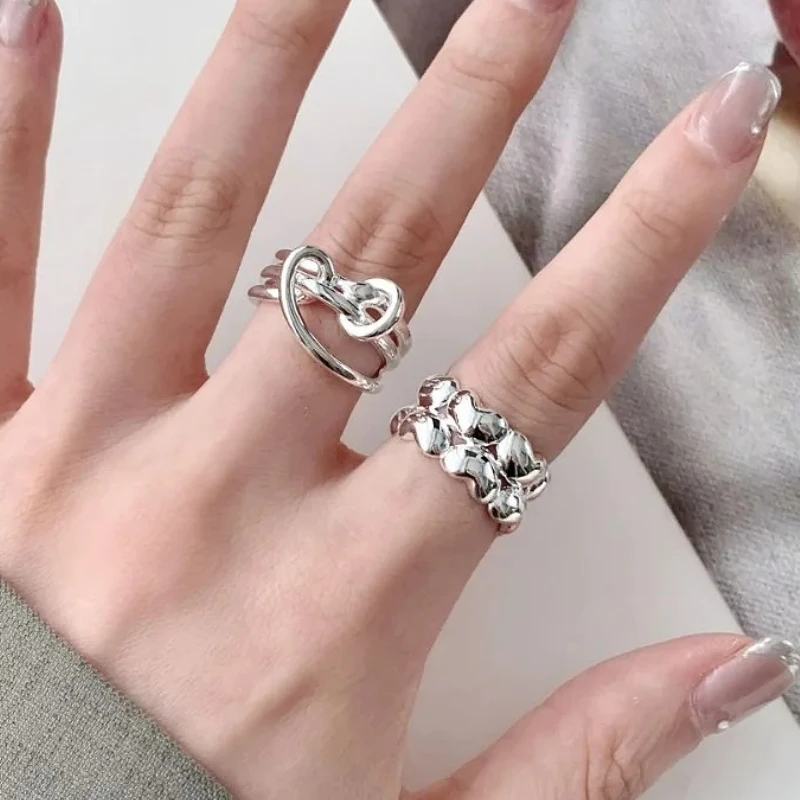 

925 Sterling Silver Geometric Chic Hollow Love Heart Butterfly Tie Bow Ring for Women Fine Jewelry Minimalist Accessories