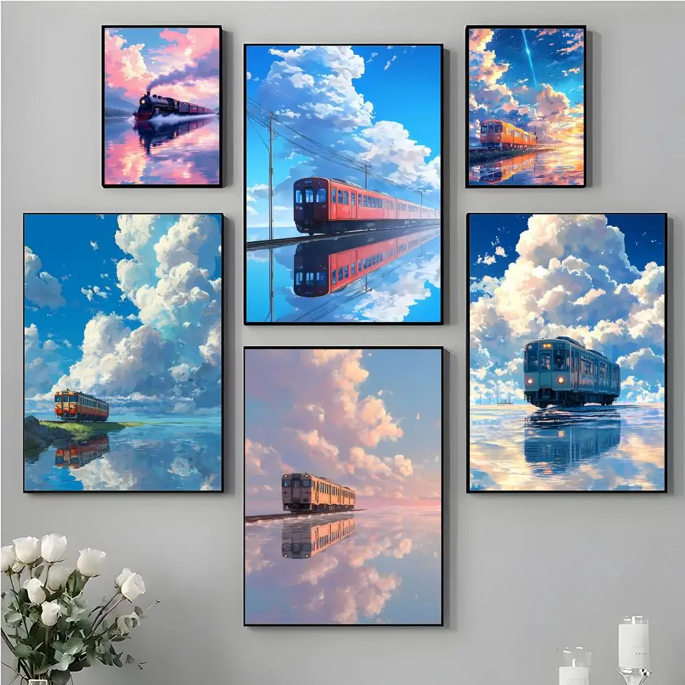 Surreal Dreamy Train on the Cloud-Covered Sea Poster Top-Quality For Household Room Bar Cafe Wall Art Decor  Gift Item