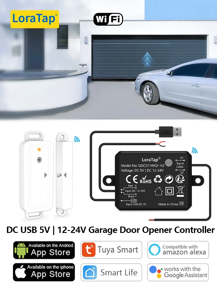 LoraTap Tuya Smart Life AC DC Garagentor Drahtloser Sensoröffner Controller USB-Ladegerät Fernbedienung von Google Home Alexa
