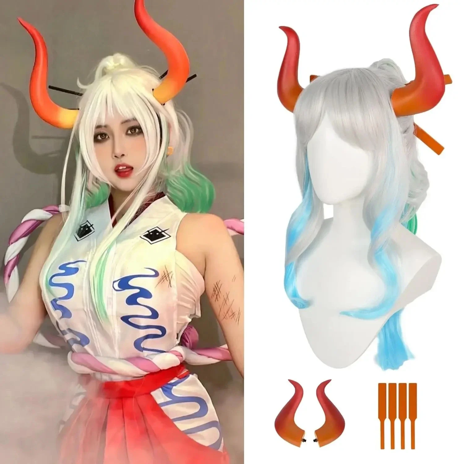 Women Anime Cosplay Costume Yamato Cosplay Wig With Horns Yamato Costumes Long Curls Gradient Woman Halloween Party Cos Set