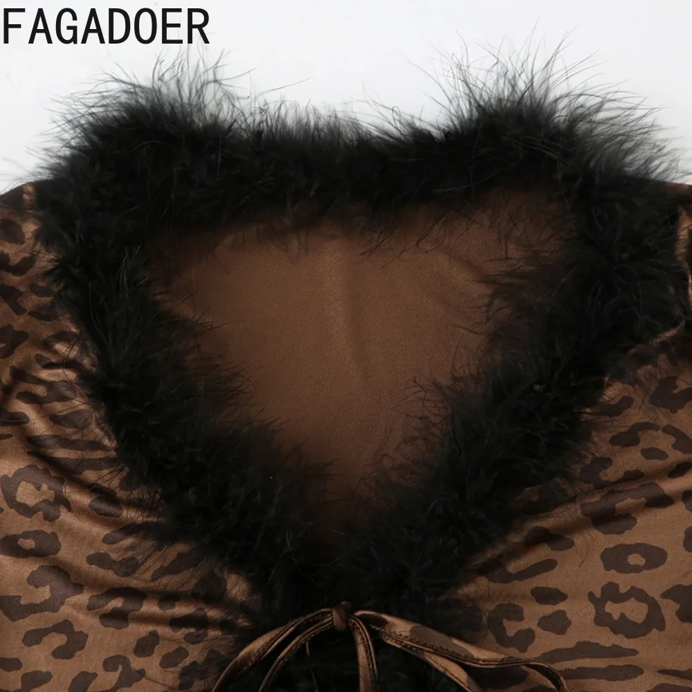 FAGADOER Set due pezzi sexy con stampa leopardata per donna Top corto patchwork in pelliccia con lacci + minigonna abito femminile streetwear primavera novità