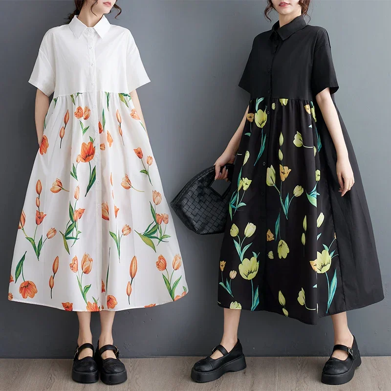 夏の新花柄プリント A ラインドレス半袖ヴィンテージフロントボタンシャツドレスターンダウン襟女性 Vestidos