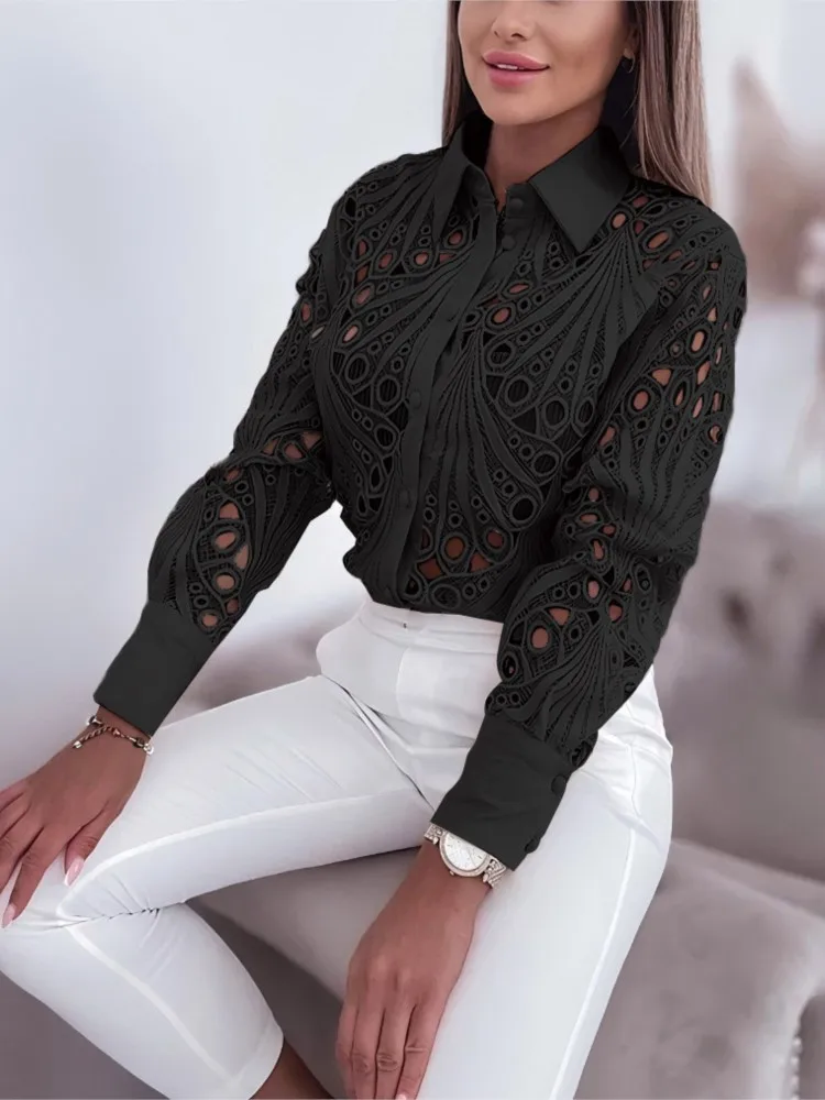 Spring And Autumn Versatile Commuting Fashion Lace Hollow Long Sleeve Shirt For Women New Elegant Long Sleeve Casual Top Shirts