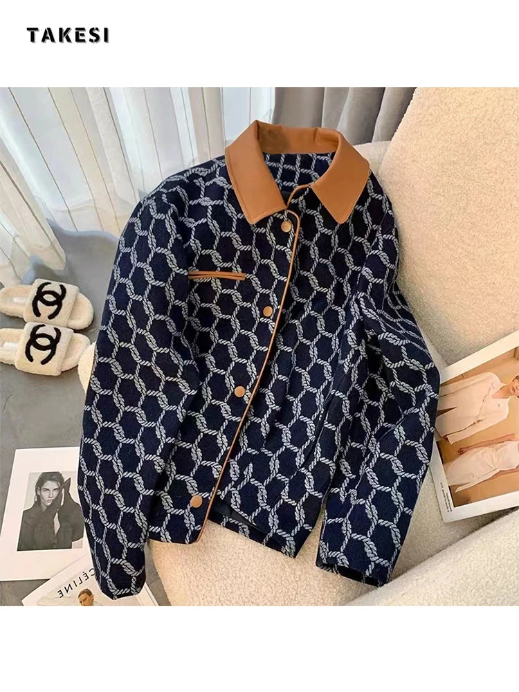 2024 Autumn Winter Women Casual Plaid Jackets Coats Turndown Collar Pocket Veins Female Vintage Fashion Street Jacket Outerwear