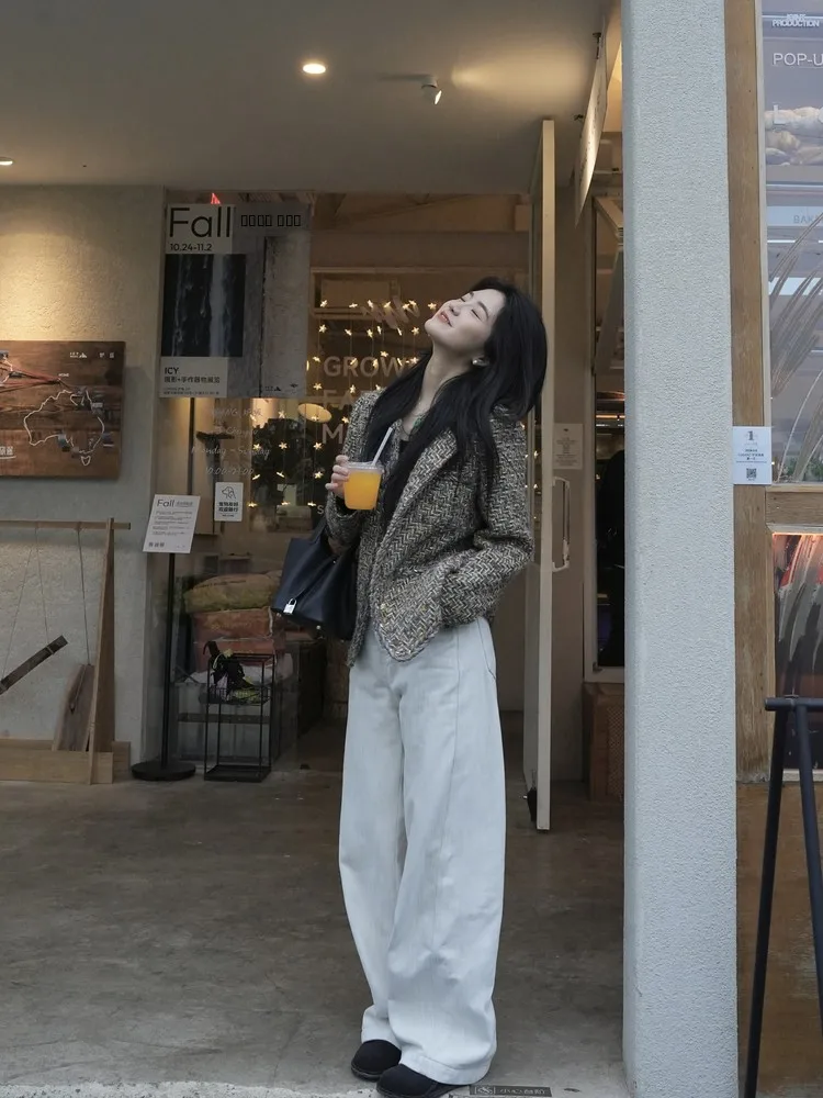 

White Fce Lined Wide Leg Jeans Textured Loose Fit Winter Straight Cut Jeans Women's Comfortable Straight Jeans Denim Pants