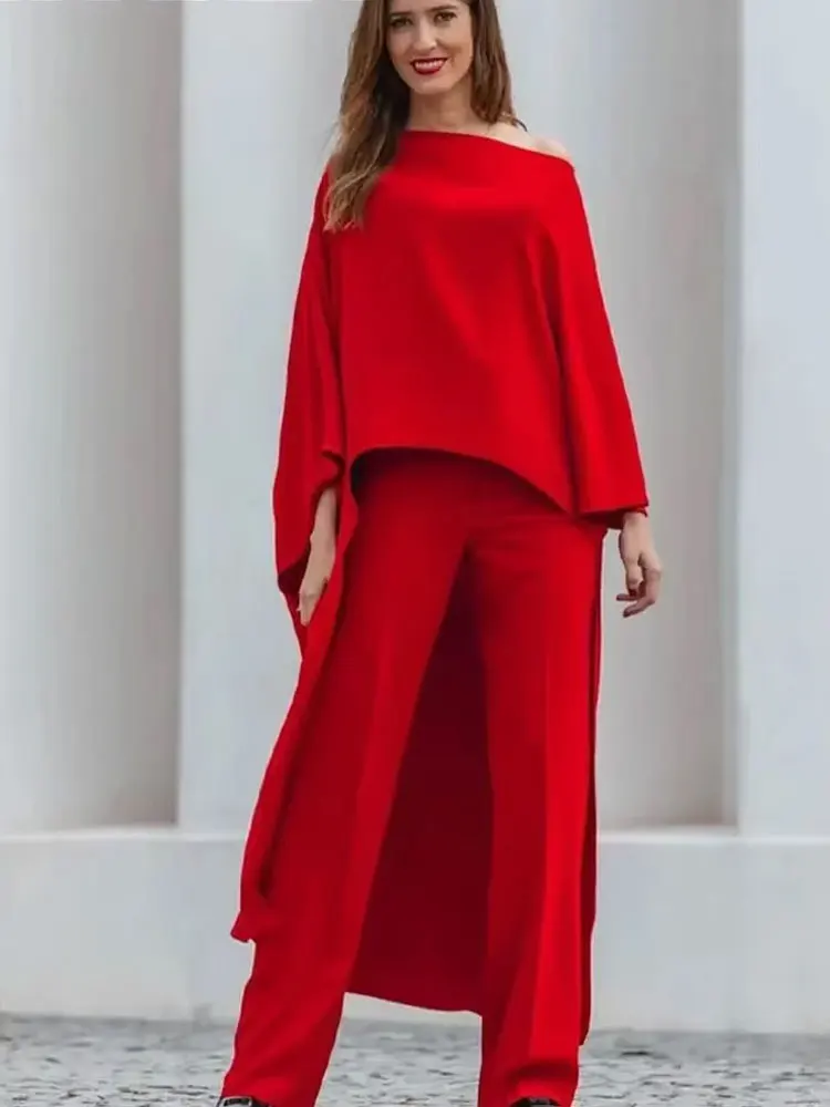 HH 2024 Female Summer Asymmetric Tops Resort Style Short Sleeves Cape Style Wild Round Neck Red Satin Loose Casual Tops