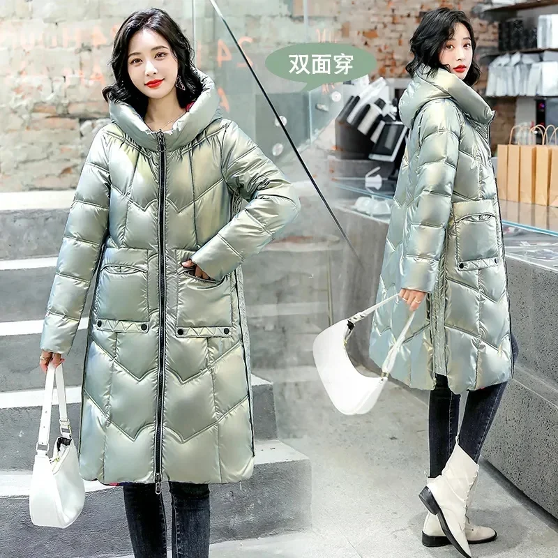 Two-Sided Penetrate Down Cotton-Padded Clothes Women Medium Long 2023 New Winter Cotton-Padded Jacket Korean Thick Warm Coat