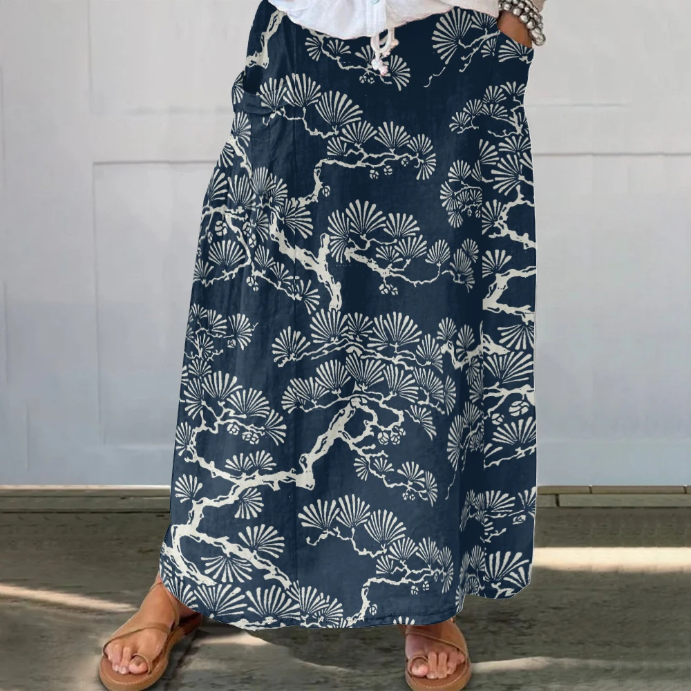 

Pine Tree Print Ankle-Length Skirt Women's Boho Harajuku Streetwear Fashion Floral Dress Pockets Casual Comfort Maxi Skirt