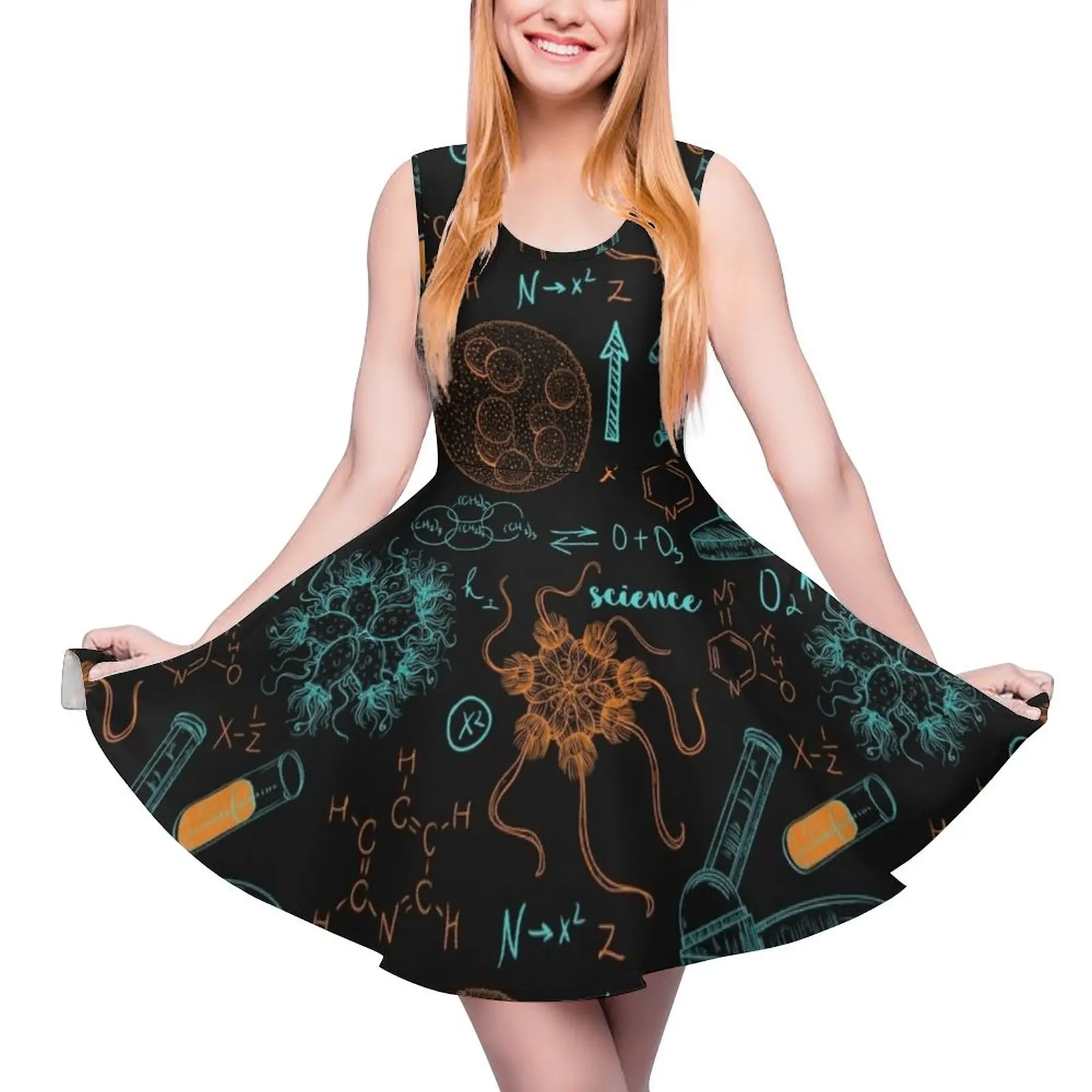 

Vintage seamless pattern old chemistry laboratory with microscope, tubes, formulas, microbes and viruses. Sleeveless Dress